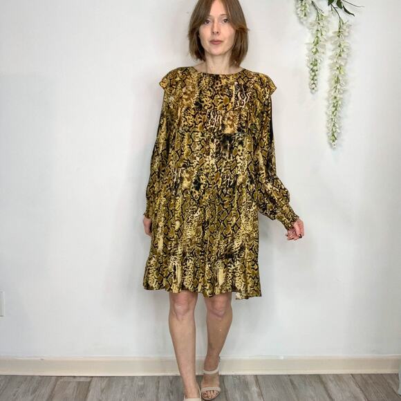 BA&SH Sym trapeze shift dress ochre ruffled bib front snakeskin print 2730 - Picture 14 of 14